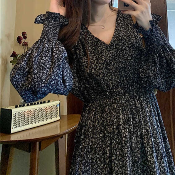 花柄ファッション 小花柄シフォン長袖ワンピース