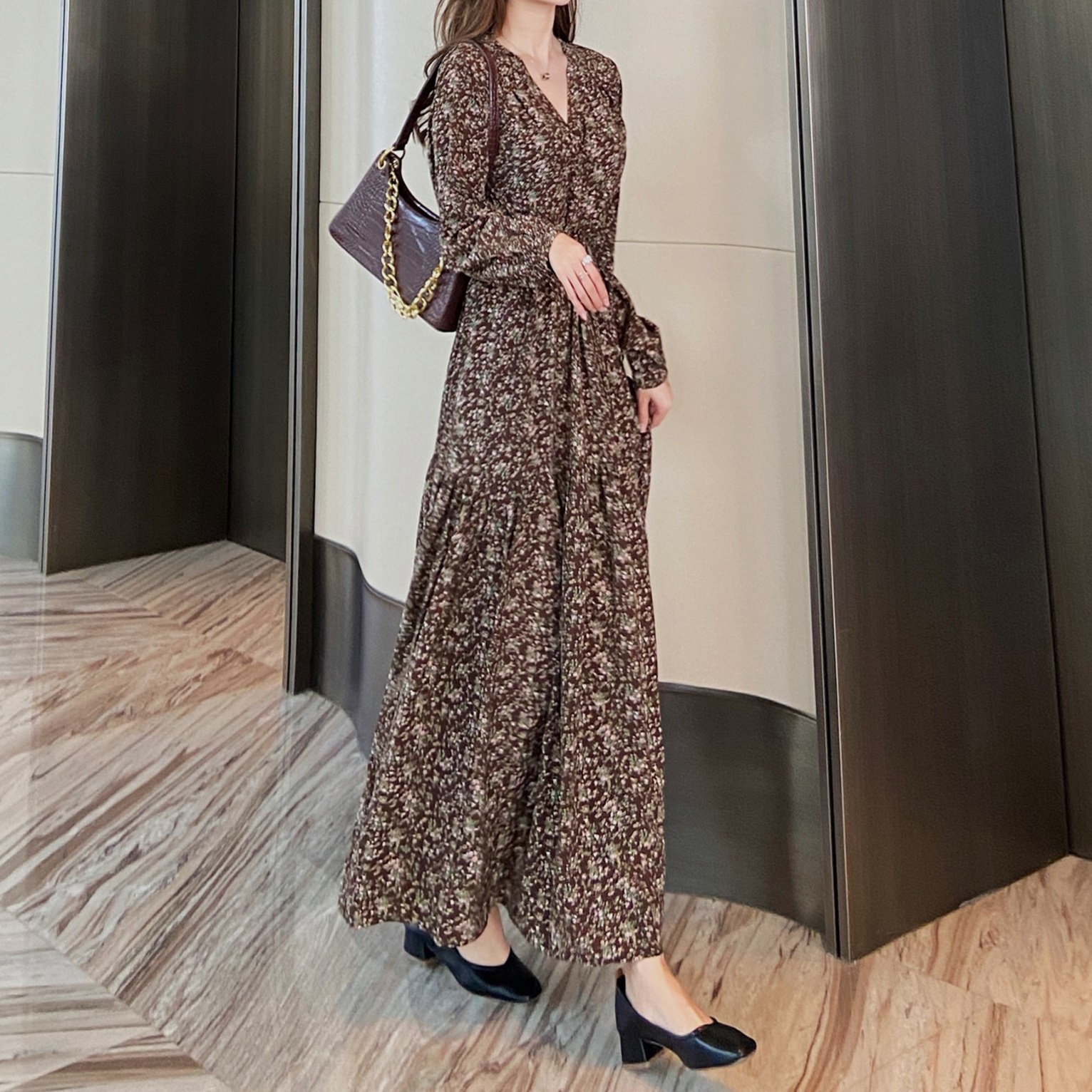 花柄ファッション レオパード柄シフォン長袖マキシワンピース