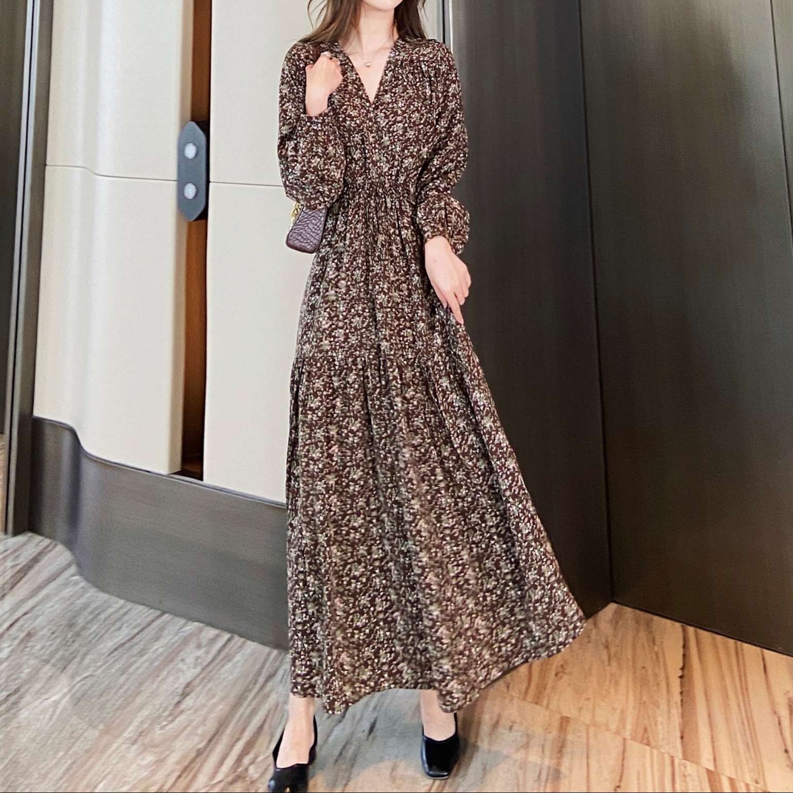 花柄ファッション レオパード柄シフォン長袖マキシワンピース