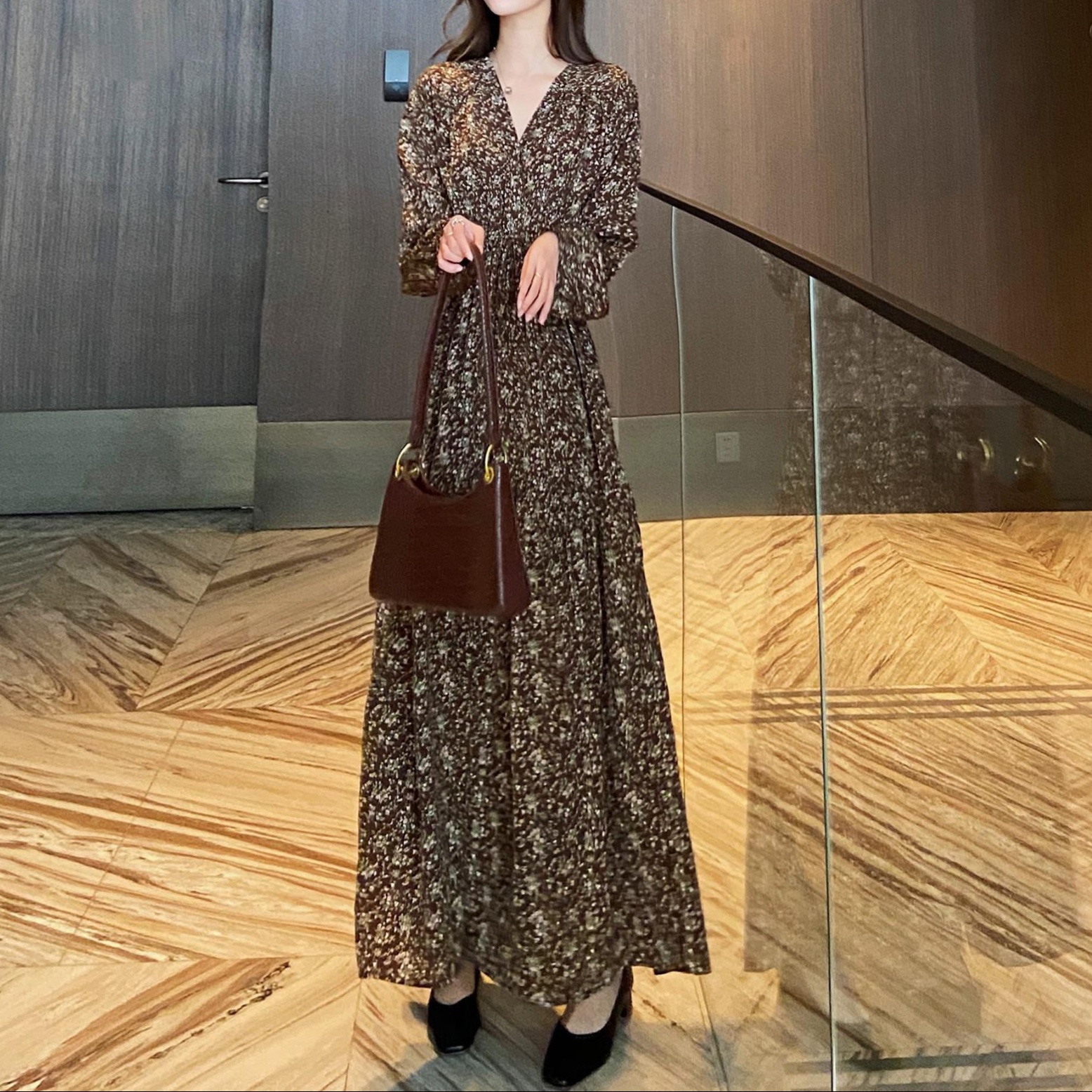 花柄ファッション レオパード柄シフォン長袖マキシワンピース