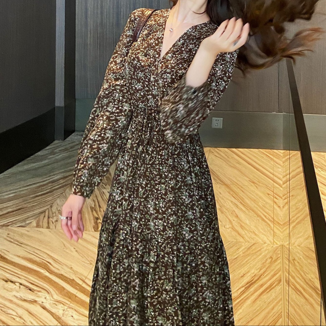 花柄ファッション レオパード柄シフォン長袖マキシワンピース