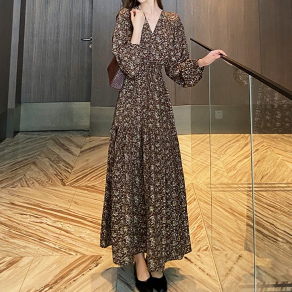 花柄ファッション レオパード柄シフォン長袖マキシワンピース