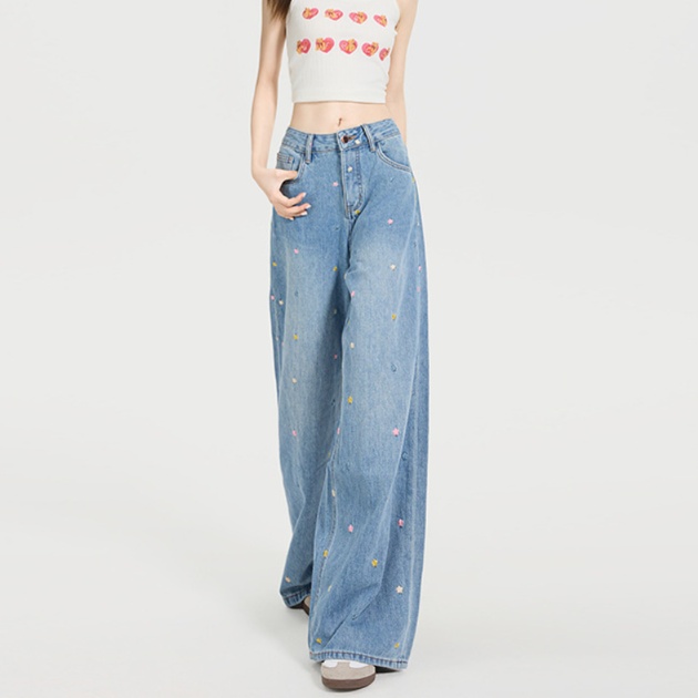 花柄ファッション カラフル刺繍ワイドシルエット花柄デニム