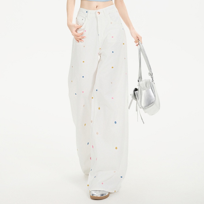 花柄ファッション カラフル刺繍ワイドシルエット花柄デニム