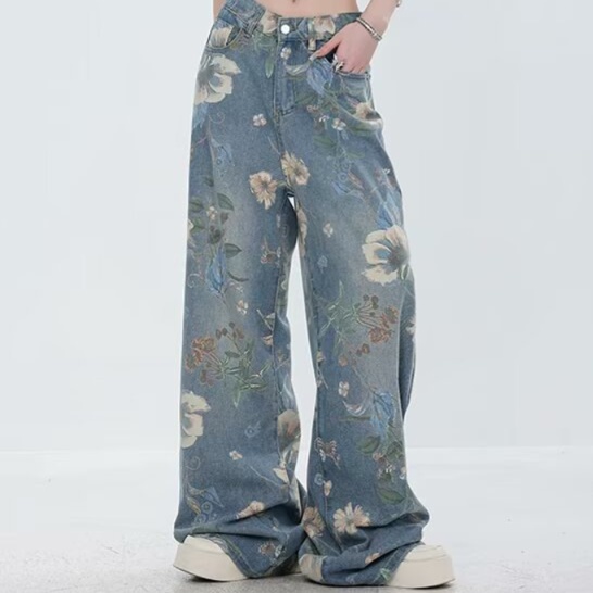 花柄ファッション ボタニカル花柄ワイドデニムパンツ