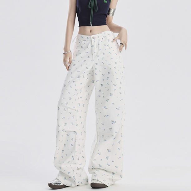 花柄ファッション 小花柄プリント総柄ワイドデニムパンツ