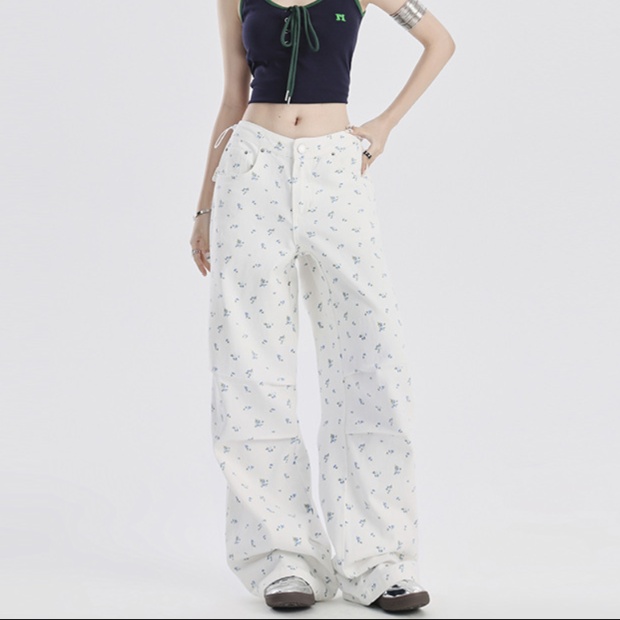 花柄ファッション 小花柄プリント総柄ワイドデニムパンツ