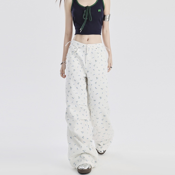花柄ファッション 小花柄プリント総柄ワイドデニムパンツ