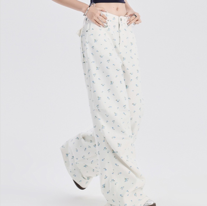 花柄ファッション 小花柄プリント総柄ワイドデニムパンツ