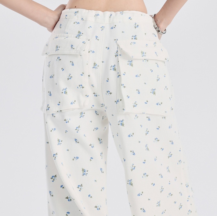 花柄ファッション 小花柄プリント総柄ワイドデニムパンツ