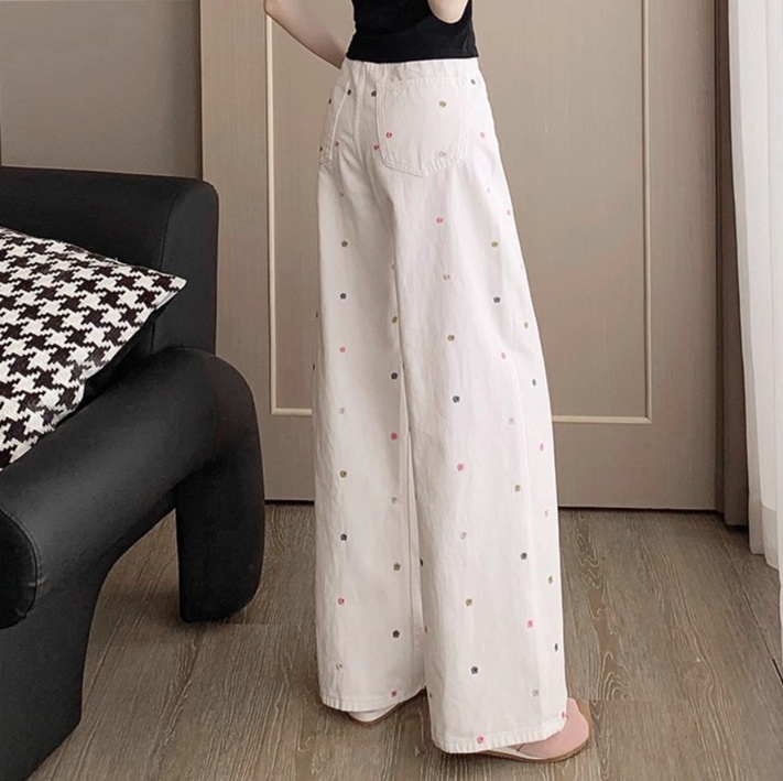 花柄ファッション カラフルドット刺繍ワイドデニムパンツ