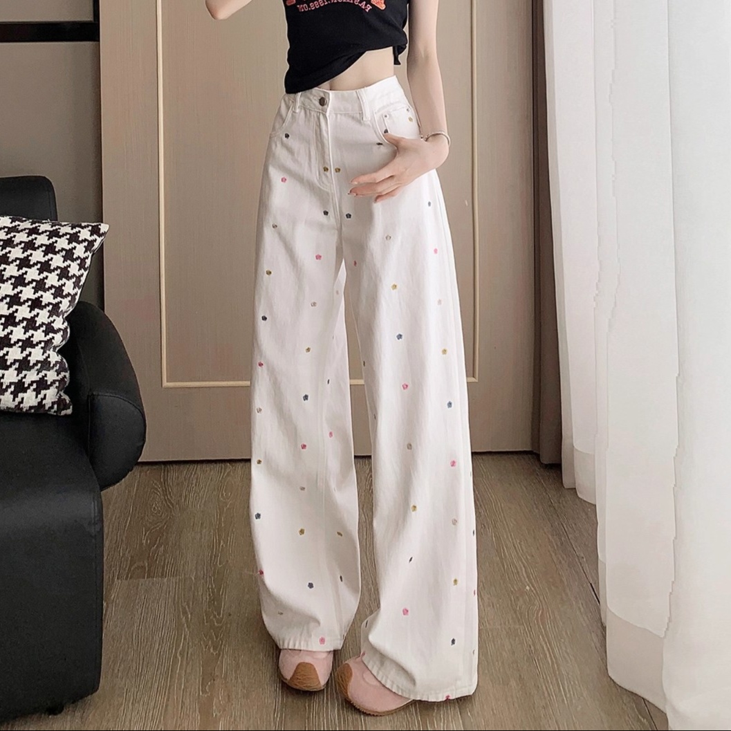 花柄ファッション カラフルドット刺繍ワイドデニムパンツ