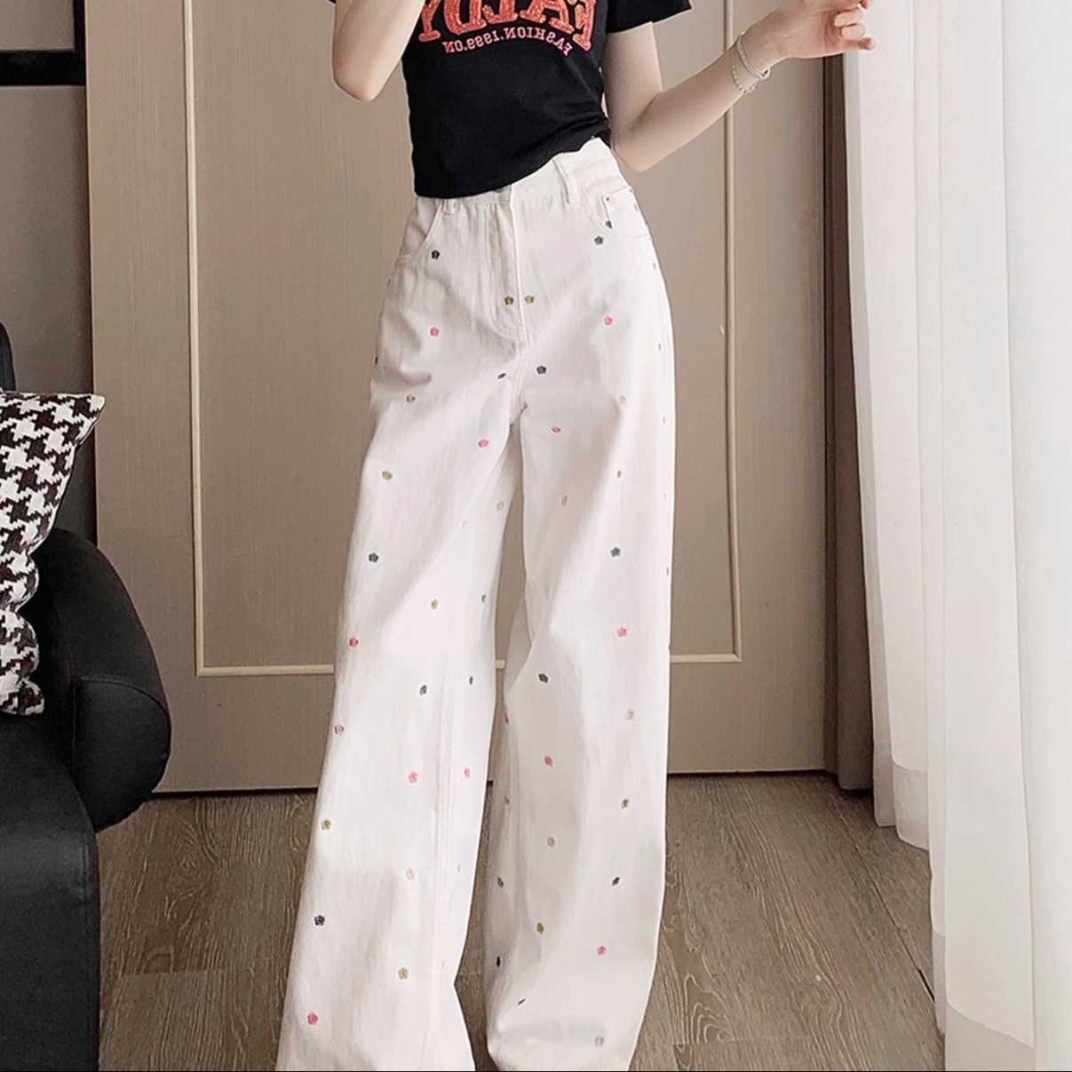 花柄ファッション カラフルドット刺繍ワイドデニムパンツ