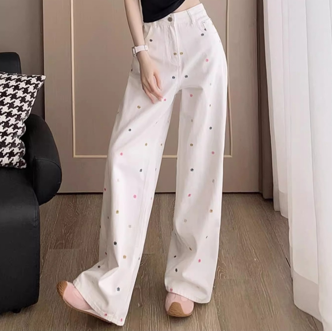 花柄ファッション カラフルドット刺繍ワイドデニムパンツ