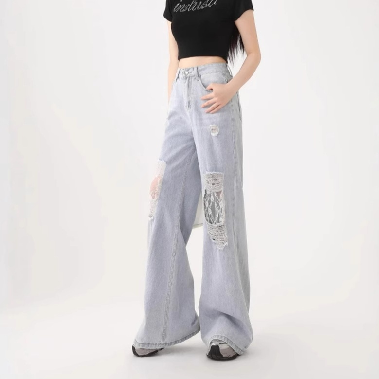 花柄ファッション レース切替ダメージ加工ワイドデニムパンツ