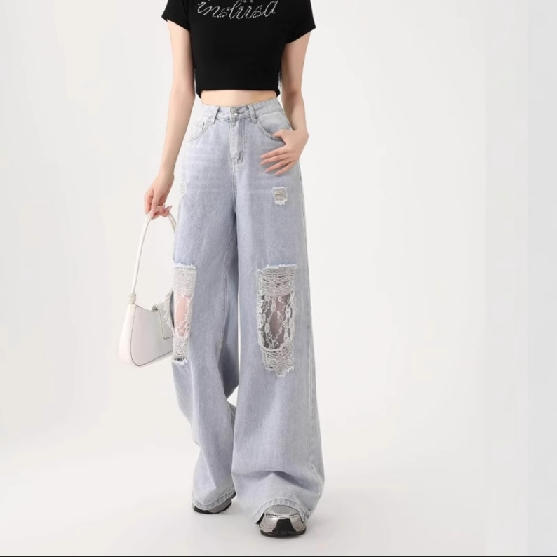 花柄ファッション レース切替ダメージ加工ワイドデニムパンツ