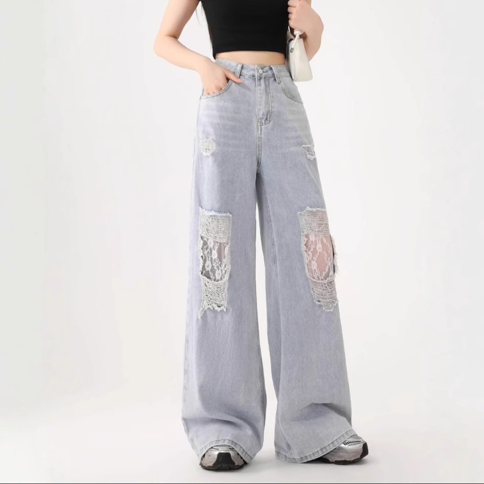 花柄ファッション レース切替ダメージ加工ワイドデニムパンツ