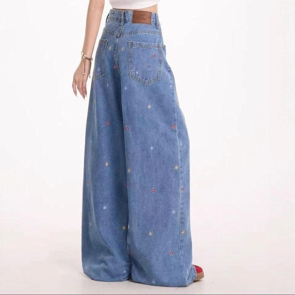 花柄ファッション 小花刺繍ワイドデニムパンツ