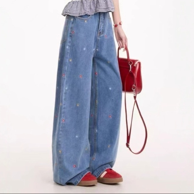 花柄ファッション 小花刺繍ワイドデニムパンツ