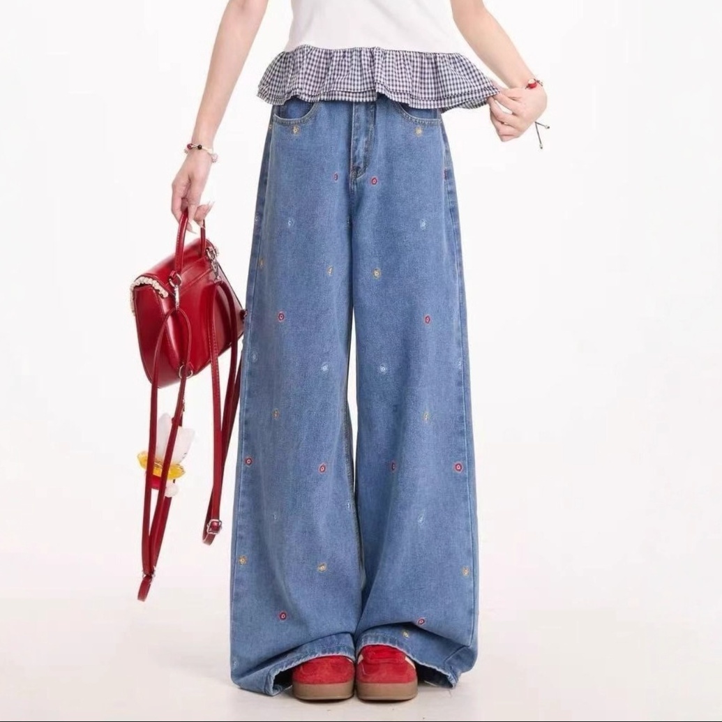 花柄ファッション 小花刺繍ワイドデニムパンツ