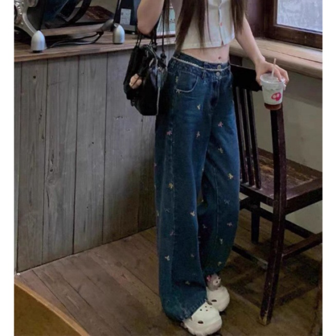 花柄ファッション 小花刺繍デニムワイドパンツ