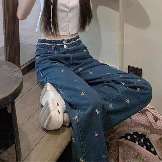 花柄ファッション 小花刺繍デニムワイドパンツ