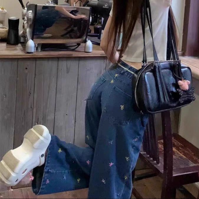 花柄ファッション 小花刺繍デニムワイドパンツ