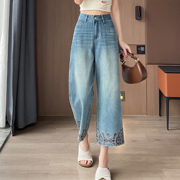 花柄ファッション 裾刺繍デザイン花柄デニムワイドパンツ