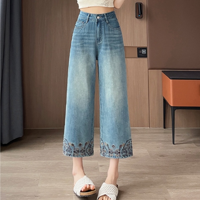 花柄ファッション 裾刺繍デザイン花柄デニムワイドパンツ