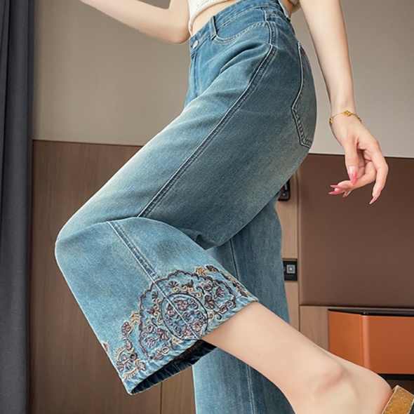 花柄ファッション 裾刺繍デザイン花柄デニムワイドパンツ