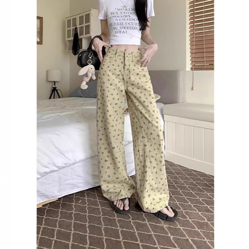 花柄ファッション 小花柄ワイドデニムパンツ