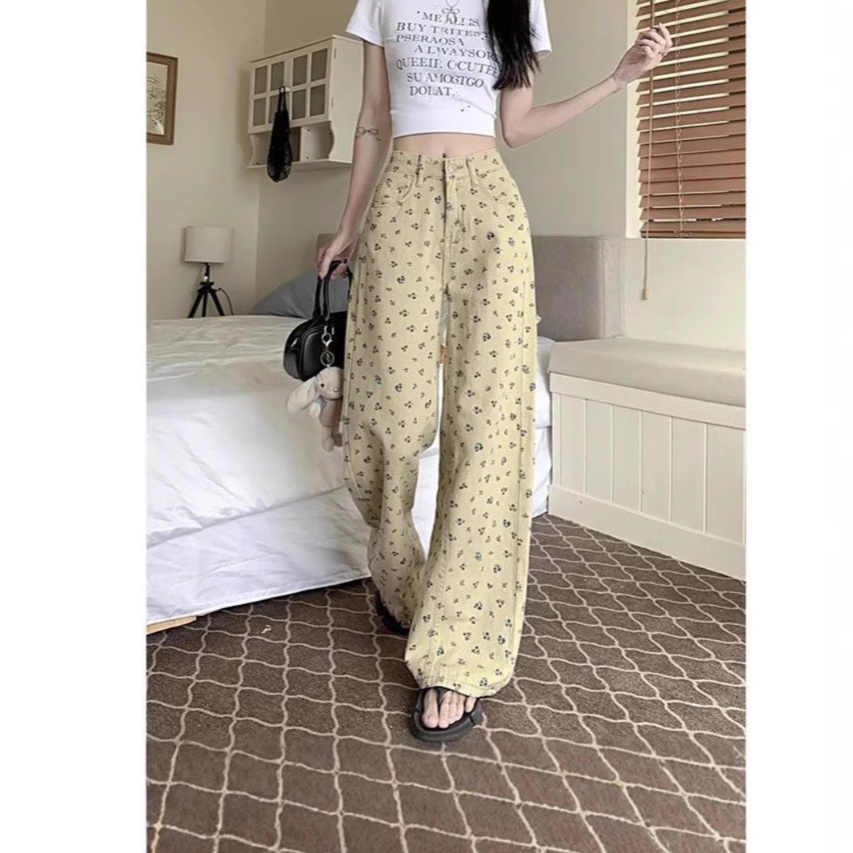 花柄ファッション 小花柄ワイドデニムパンツ