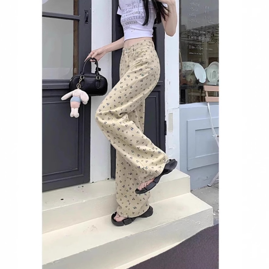花柄ファッション 小花柄ワイドデニムパンツ