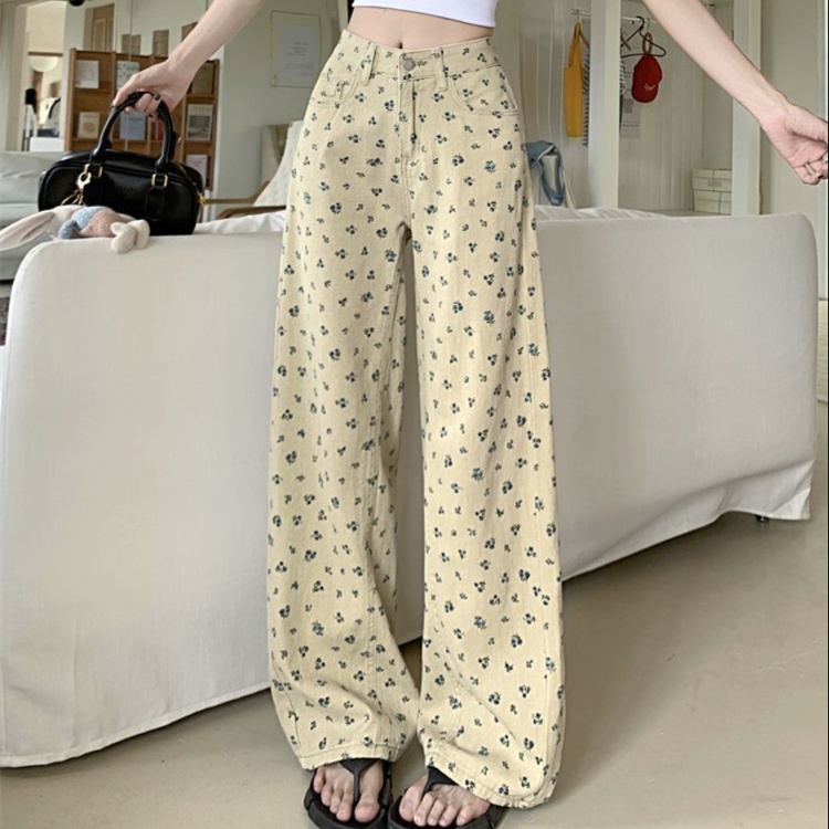 花柄ファッション 小花柄ワイドデニムパンツ