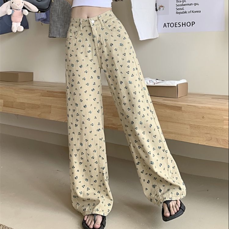 花柄ファッション 小花柄ワイドデニムパンツ