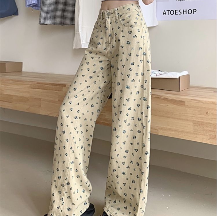 花柄ファッション 小花柄ワイドデニムパンツ