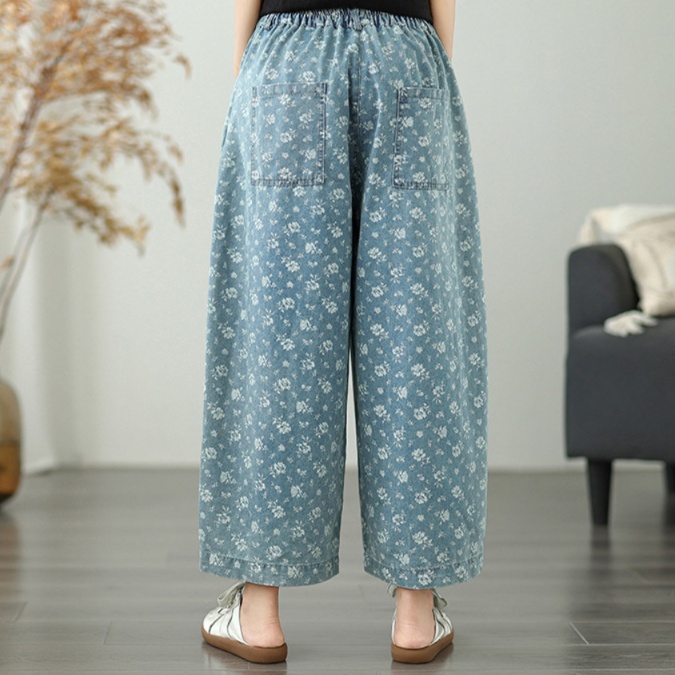 花柄ファッション 小花柄プリントワイドデニムパンツ
