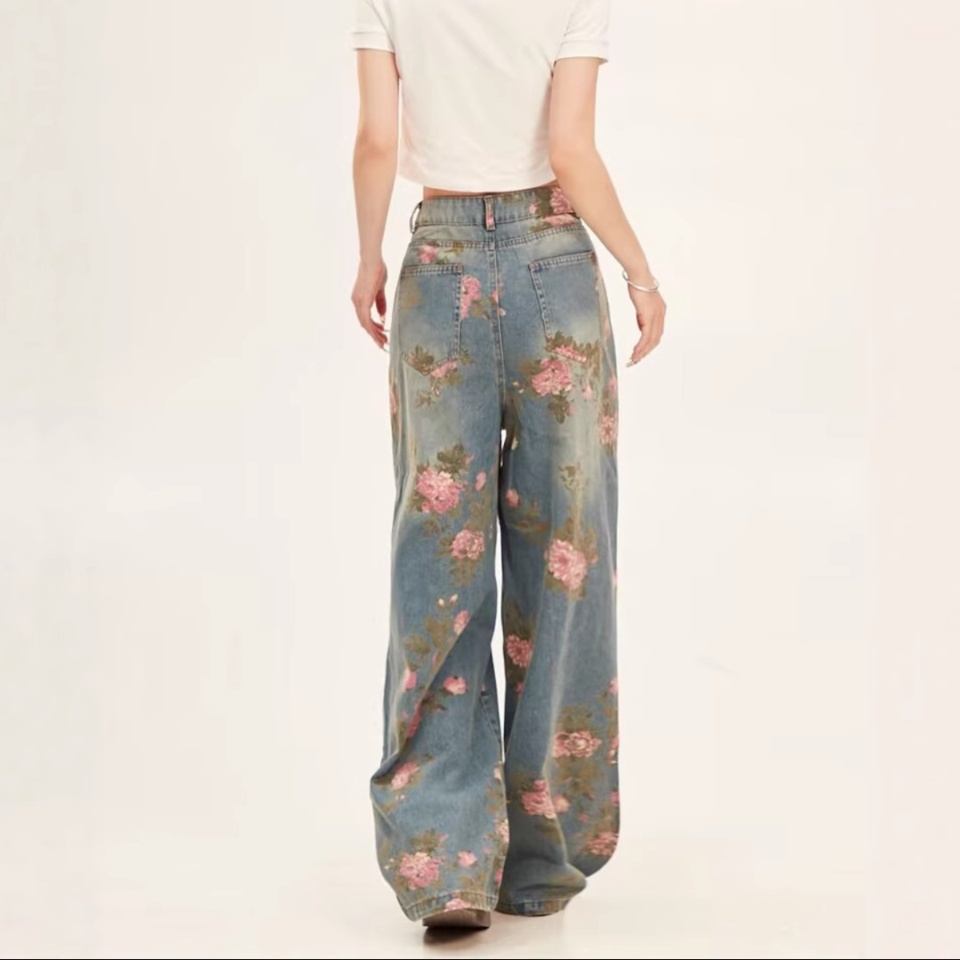 花柄ファッション 華やかな花柄プリントワイドデニムパンツ
