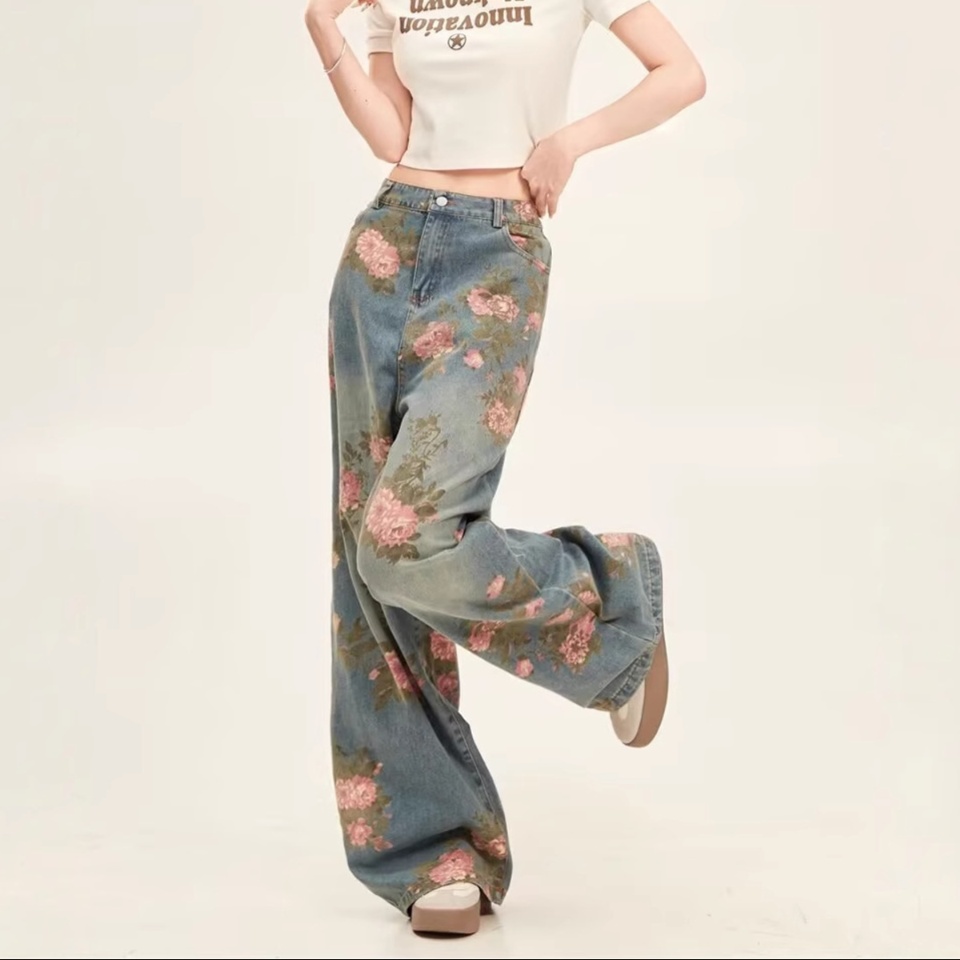 花柄ファッション 華やかな花柄プリントワイドデニムパンツ