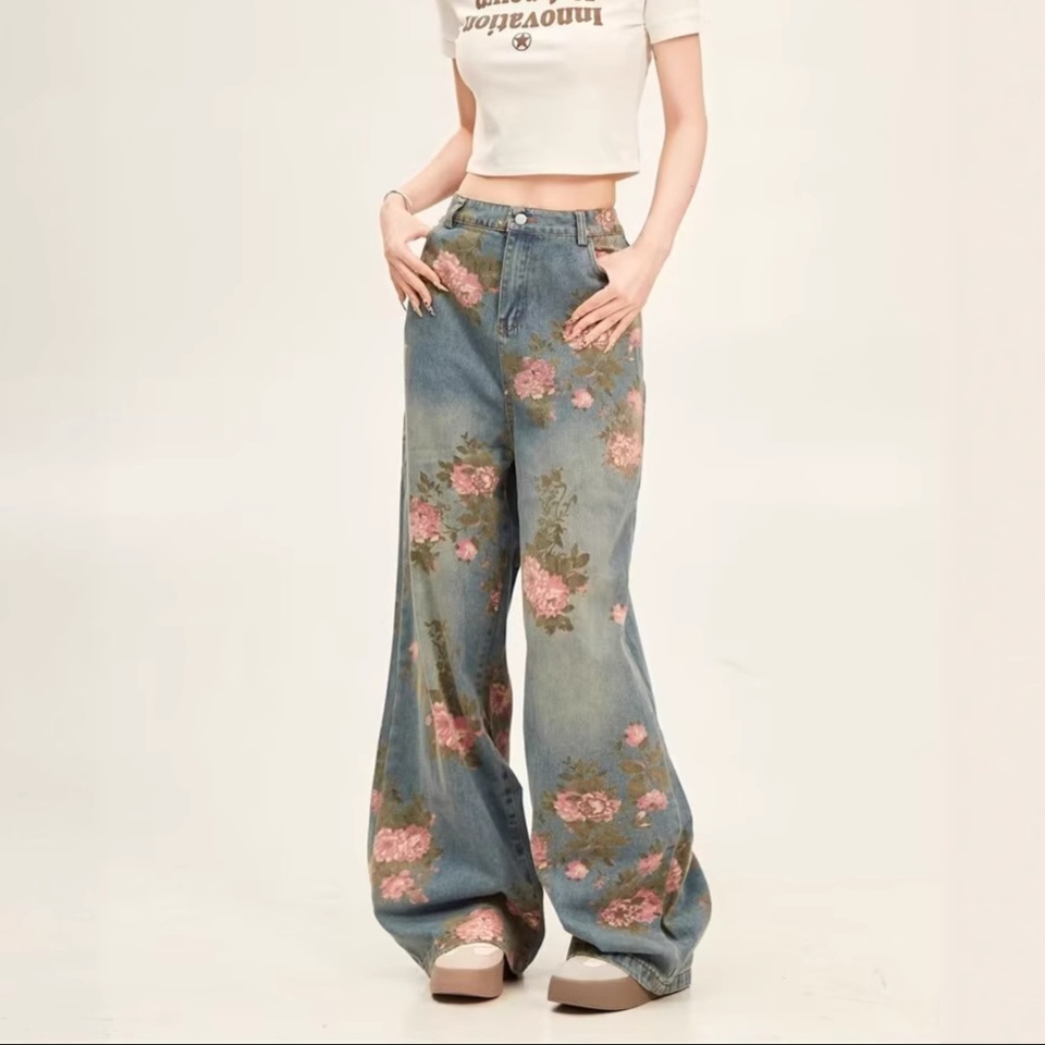 花柄ファッション 華やかな花柄プリントワイドデニムパンツ