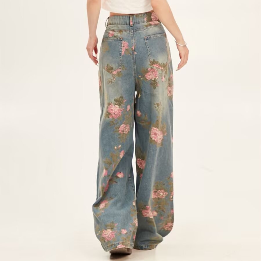花柄ファッション 華やかな花柄プリントワイドデニムパンツ