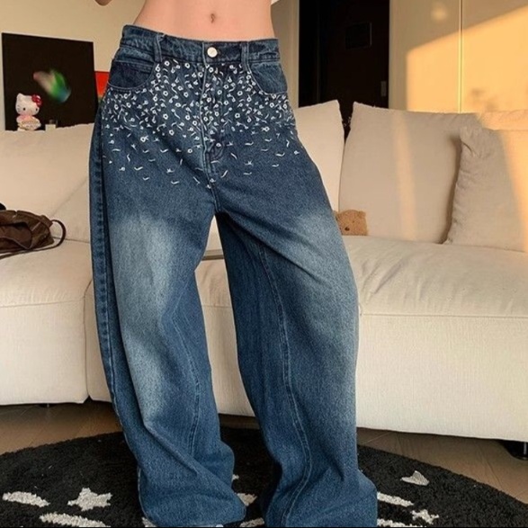 花柄ファッション 花柄刺繍ワイドデニムパンツ
