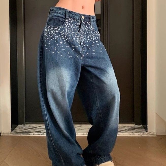 花柄ファッション 花柄刺繍ワイドデニムパンツ