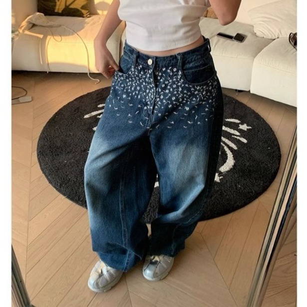 花柄ファッション 花柄刺繍ワイドデニムパンツ