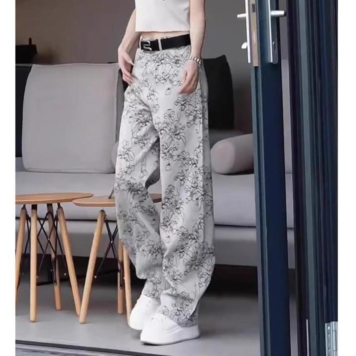 花柄ファッション 東洋風花柄プリントワイドデニムパンツ