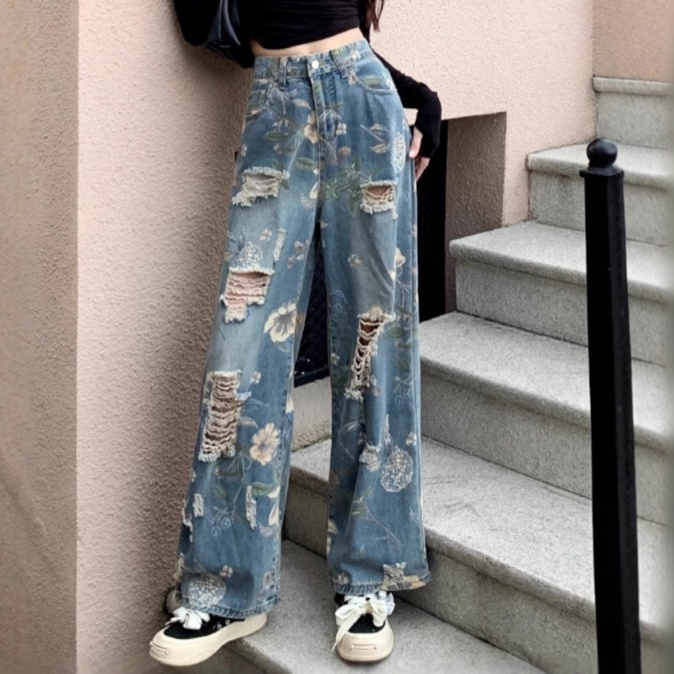 花柄ファッション 花柄刺繍ダメージ加工ワイドデニムパンツ