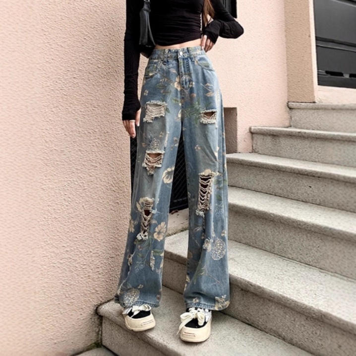 花柄ファッション 花柄刺繍ダメージ加工ワイドデニムパンツ
