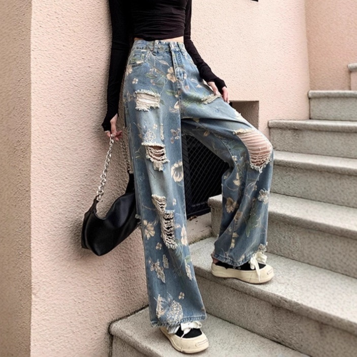 花柄ファッション 花柄刺繍ダメージ加工ワイドデニムパンツ