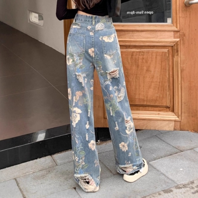 花柄ファッション 花柄刺繍ダメージ加工ワイドデニムパンツ