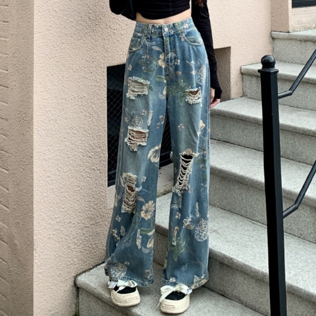 花柄ファッション 花柄刺繍ダメージ加工ワイドデニムパンツ